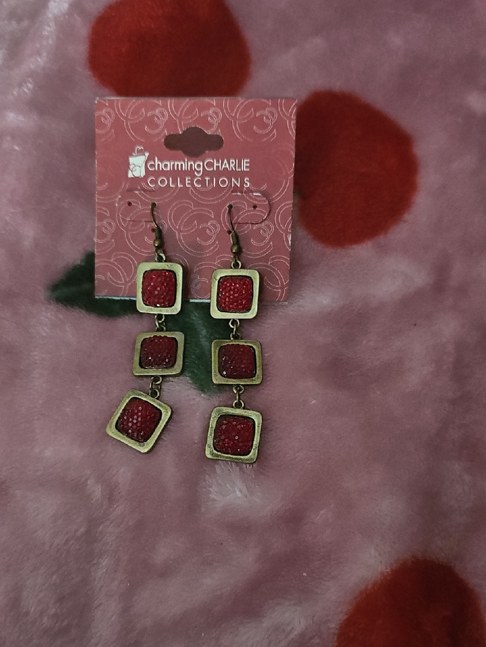 Charming Charlie Red and Gold Triple Square Dangle Earrings